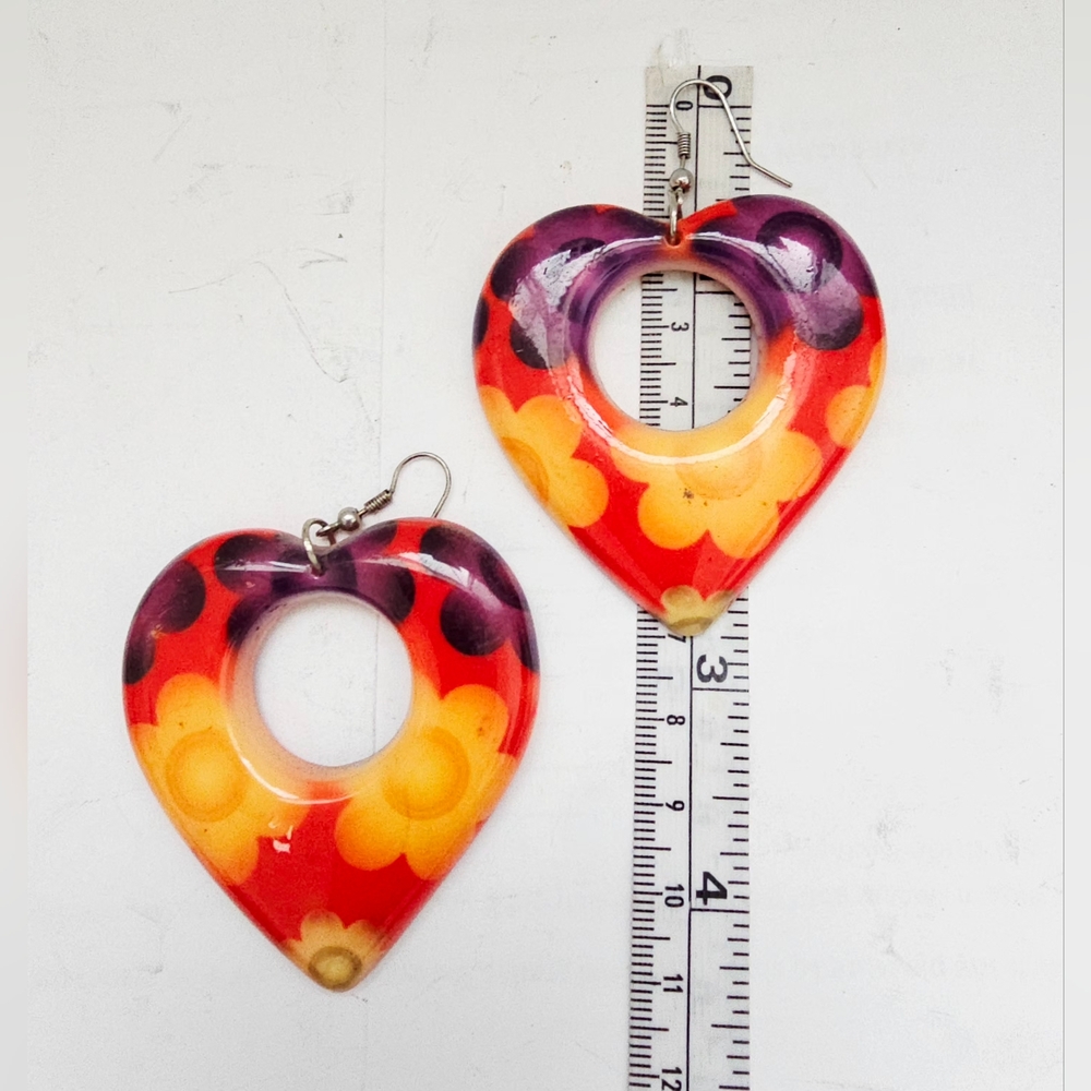 Heart-Shaped Floral psychedelic Earrings - Multicolor - Picture 3 of 7